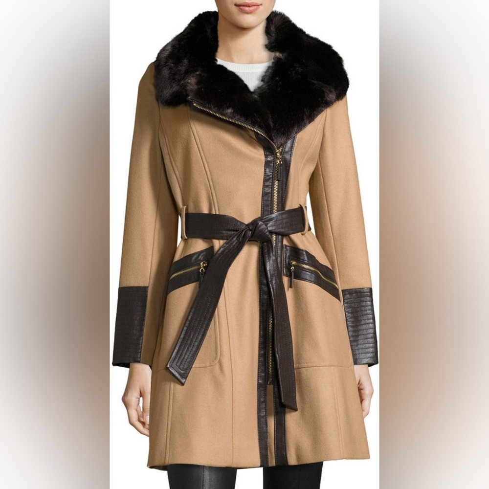 NEW VIA SPIGA CAMEL FAUX FUR COLLAR WOOL BLEND BELTED WALKER COAT SZ 8